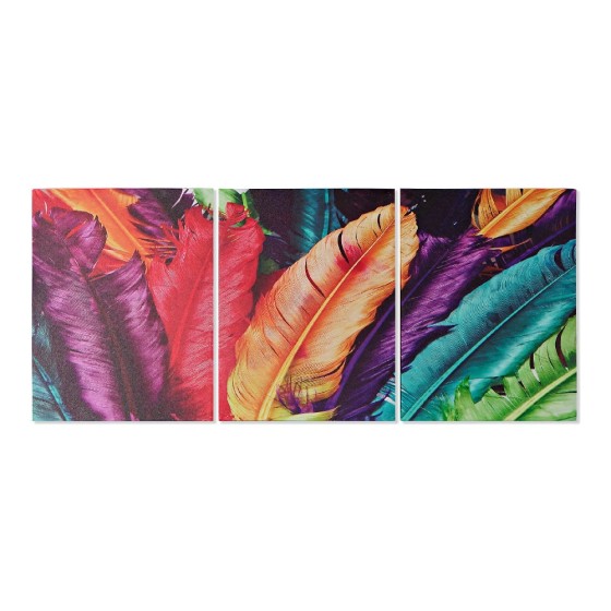 Cadre DKD Home Decor Toile Plumes (3 pcs) (30 x 1.8 x 40 cm)